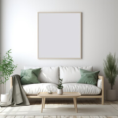 Contemporary Living Room Mockup: Blank Poster Frame on Stylish Sofa
