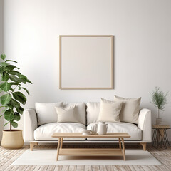 Contemporary Living Room Mockup: Blank Poster Frame on Stylish Sofa