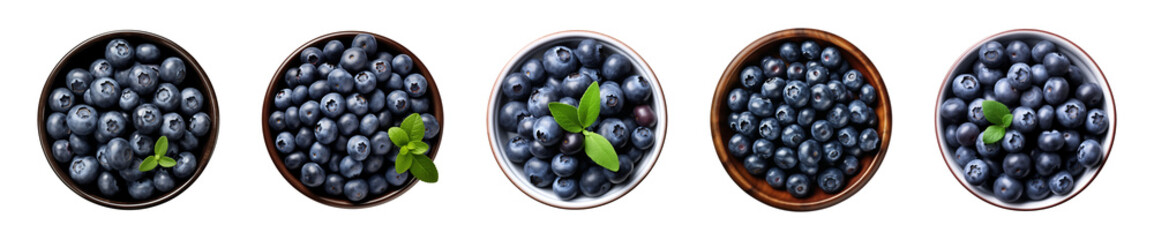 Collection bowl of blueberries isolated on a transparent background, top view - obrazy, fototapety, plakaty