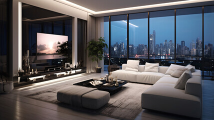 modern living room with big tv and city skyline view, interior, room, design, home, furniture, sofa, living, house, living room, apartment, table, architecture, luxury, floor, lounge, window, light