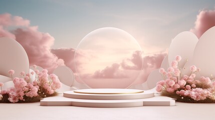 stage set with pink flowers and sky background