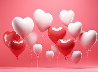 balloons flying with hearts on a pink background