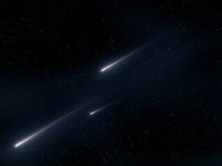Fototapeta na wymiar Bright meteorites in the atmosphere. Fireballs in the sky. Beautiful falling stars. Meteors at night.