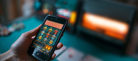 Hand holding smartphone with online casino and gaming, gambling on device concept. Close up of male hands holding smartphone with creative slot machine and other games close up. Slot machine on phone