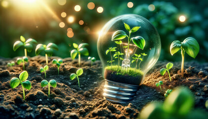 Green eco friendly lightbulb. Environmental Sustainability concept of Renewable Energy and Sustainable Living, created, Green energy and Earth Day. Generative AI  - obrazy, fototapety, plakaty