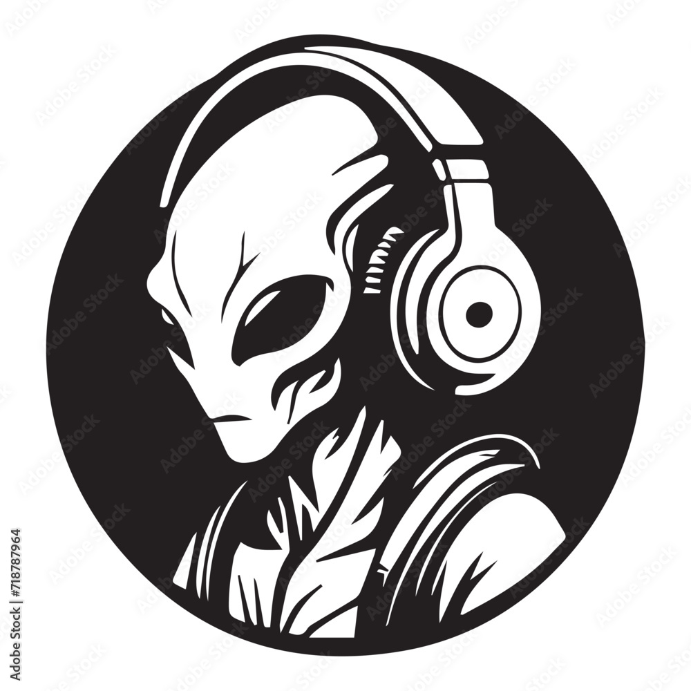 Wall mural alien wearing headphones iconic logo vector illustration