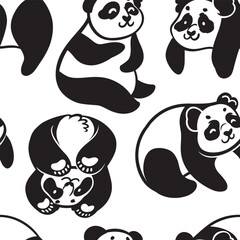 Seamless pattern with black and white cute cartoon pandas