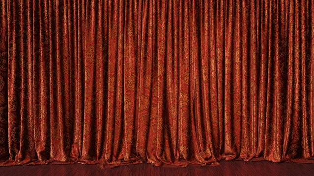Realistic 3D animation of the luxurious textured red curtain with traditional Chinese golden ornament and red wood flooring rendered in UHD with alpha matte