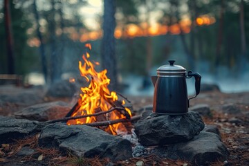 An antique coffee pot over a campfire. Generative Ai.