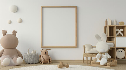 Mock up frame in children room with natural wooden. Generative AI,