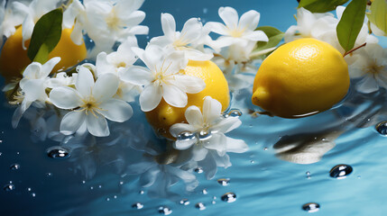 Fototapeta na wymiar Lemons floating in the water. Refreshment concept. AI generated image.