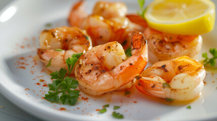 Fresh shrimp on a white plate with a fresh lemon slice, cooked shrimps, prawns, and seafood spicy chili sauce with coriander. Cooking shrimp salad with lemon and lime. Close-up banner with copy space.