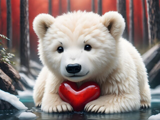 Obraz premium fluffy soft polar bears with hearts valentines day card