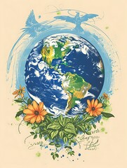 Earth Day background wallpaper, planet earth in nature, go green, ecology, plants, banner, social media post, awarness, green hour