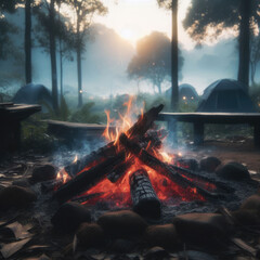 Abandoned campfire burns last embers in campsite
 - obrazy, fototapety, plakaty