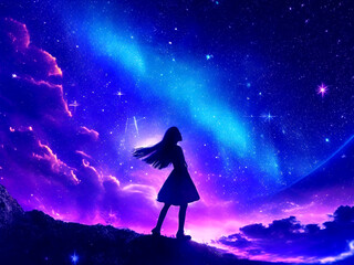 Fototapeta na wymiar A GIRL IN Beautiful fantasy starry night sky, blue and purple colorful, galaxy and aurora 4k wallpaper