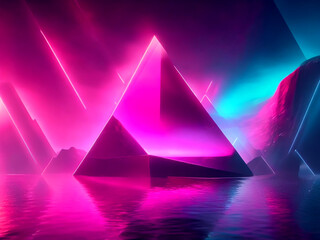 3d render, abstract fantasy background. Unique futuristic wallpaper with triangular geometric shape glowing with pink red neon light, colorful cloud and water