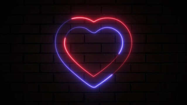 Red and blue color neon heart shape Valentine's Day love card. Glowing neon hearts sign, outline card suit symbol and silhouette