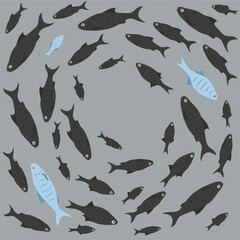 Concept of courage, confidence, success, crowd and creativity. One unique fish swims opposite from identical black ones.