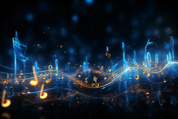 Blue Music Notes, Glowing Neon on a Dark Background - obrazy, fototapety, plakaty