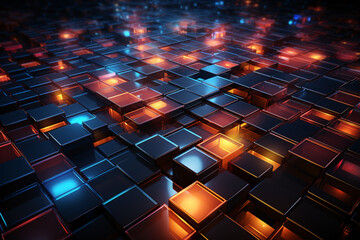 Obraz premium Abstract 3D Square Pattern, Futuristic Neon Lines in a Glowing Grid Background