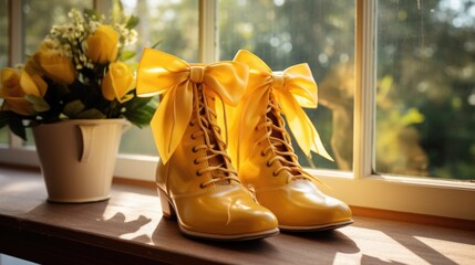 yellow lace-up boots with bows. The trend for bows in 2024. Shoes with bows