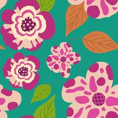 seamless floral pattern spring flowers pattern set. simple hand drawn style. pretty bright pink, green, colors. folk motif, boundless decor. background for covers, wallpapers, gift wrap