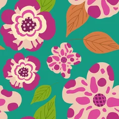 Poster seamless floral pattern spring flowers pattern set. simple hand drawn style. pretty bright pink, green, colors. folk motif, boundless decor. background for covers, wallpapers, gift wrap © PinkDiamond