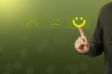 Customer choose smile emoticon with five star for rating feedback scale. Service rating, feedback,...