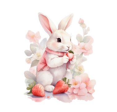Watercolor a cute kawaii Rabbit eating strawberries