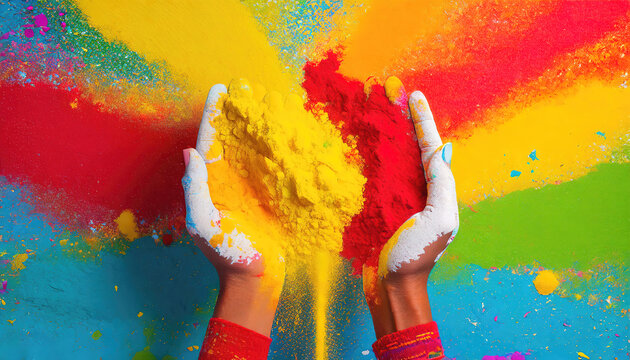 Hands holding and releasing an explosion of colored powders