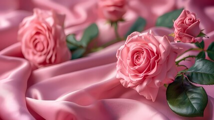 sweet pink roses on pink fabric background