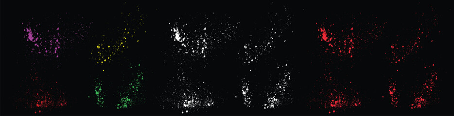 Realistic set of abstract ink art brush strokes dirty distressed purple, red, yellow, white, orange, green color grunge texture splatter background