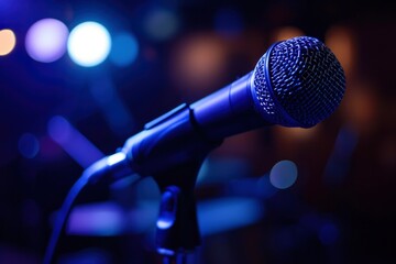 A microphone focused sharply in foreground with blue stage lighting in the back.