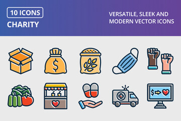 Charity Thick Line Filled Dark Colors Icons Set