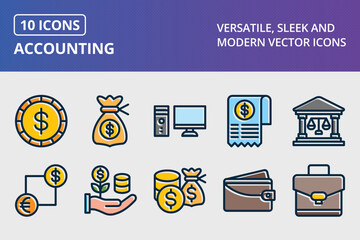 Accounting Thick Line Filled Dark Colors Icons Set