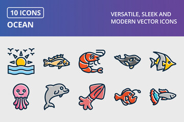 Ocean Thick Line Filled Dark Colors Icons Set