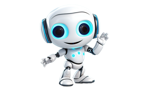 Cute white robot raising his hands in greeting on white background