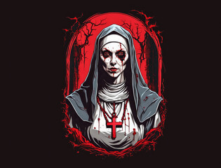 illustration of an evil scary Halloween zombie nun