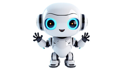 Cute white robot raising his hands in greeting on white background