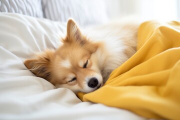 Adorable Pomeranian dog sleeping peacefully under a cozy yellow blanket, pet supplements