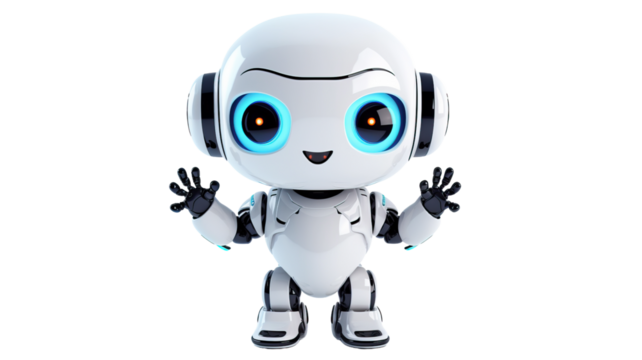Cute white robot raising his hands in greeting on white background