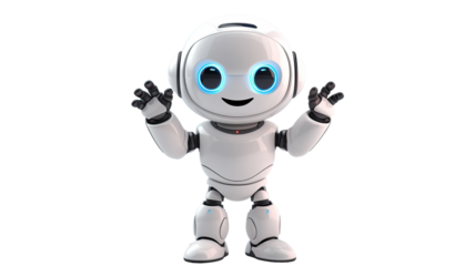 Cute white robot raising his hands in greeting on white background