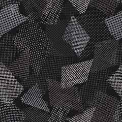 Seamless gray camouflage pattern with random scattered overlapping tulle pieces, patches. Mesh structure. Random composition. For apparel, fabric, textile, sport goods Grunge texture