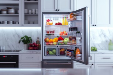 Close-up of image showcasing an opened kitchen fridge