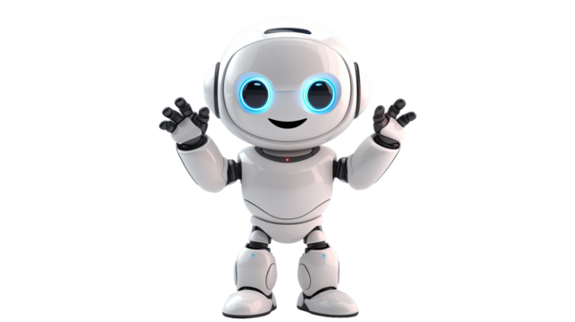 Cute white robot raising his hands in greeting on white background