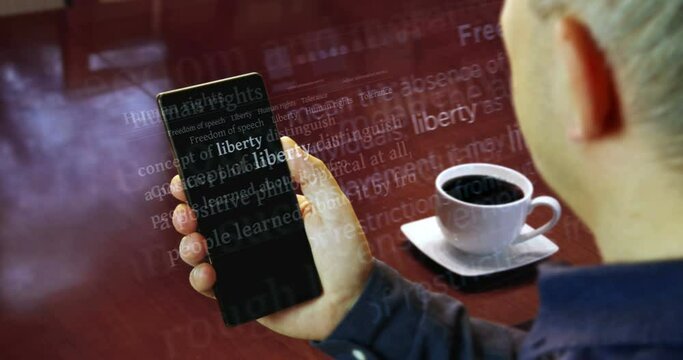 Liberty freedom independence articles is reading the on smartphone. Man read headline news across international media. Abstract concept of news titles on phone in hand.