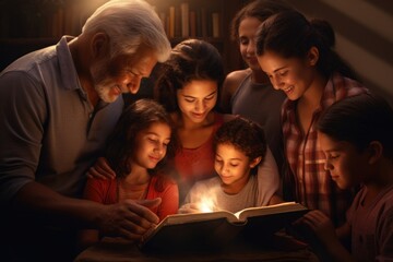 Christian family reading Bible and praying together. - obrazy, fototapety, plakaty