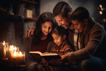 Christian family reading Bible and praying together.