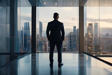 A businessman standing at tall building and seeing through glass window   - obrazy, fototapety, plakaty